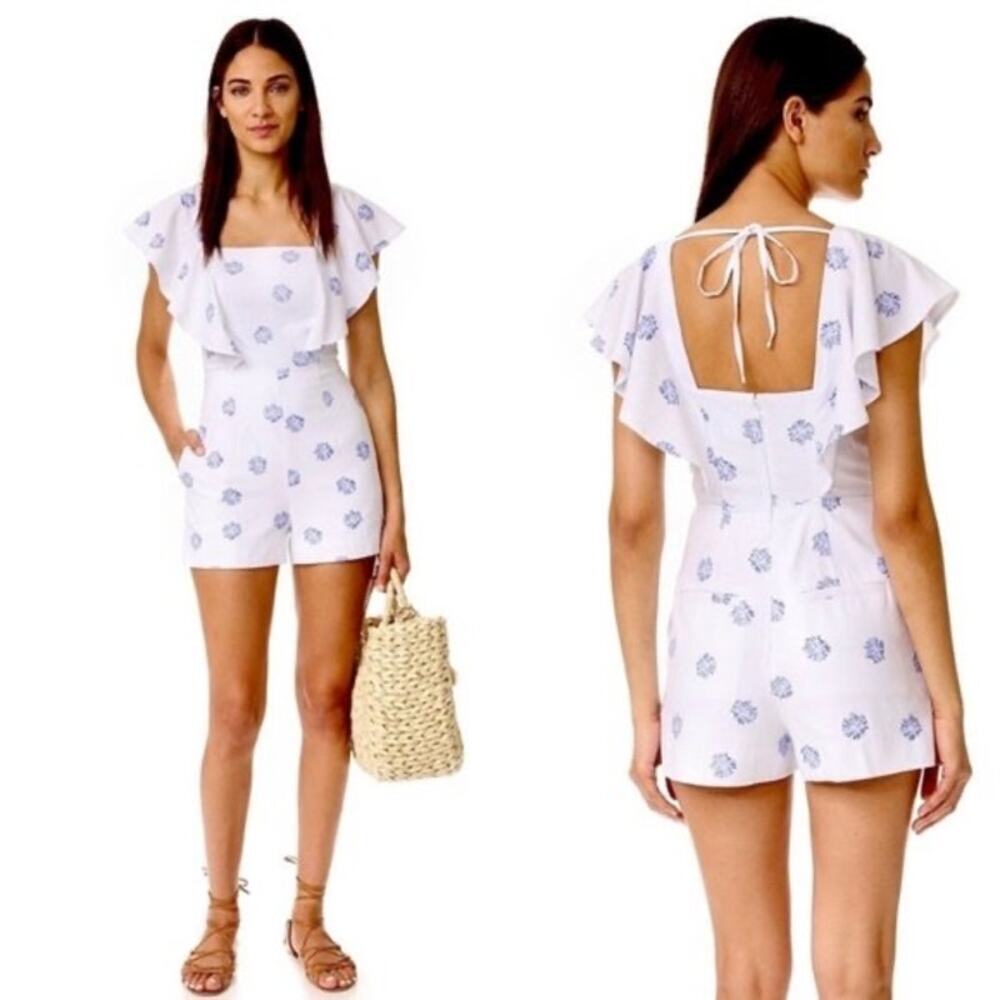 Club Monaco Darmida Floral Romper Ruffle Detail Open Back Size 4 Blue/White